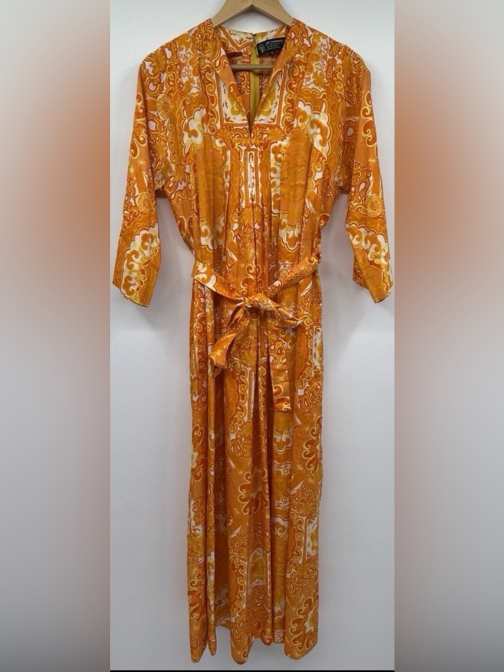 Jim Thompson VTG 70s Thai Silk Kaftan Style Belted Maxi Dress SZ M Hippie Retro